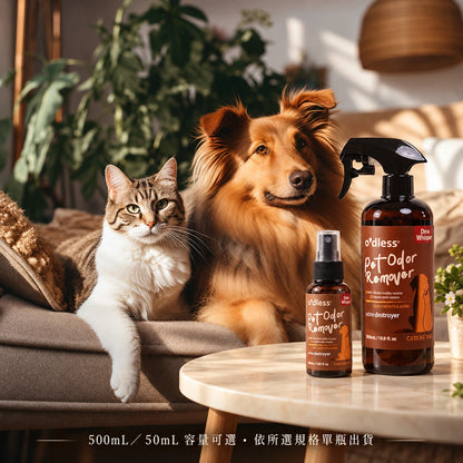 O'dless 寵物除臭噴霧（晨息） 1:1 商品情境合成圖；500mL／50mL可選，依所選規格單瓶出貨